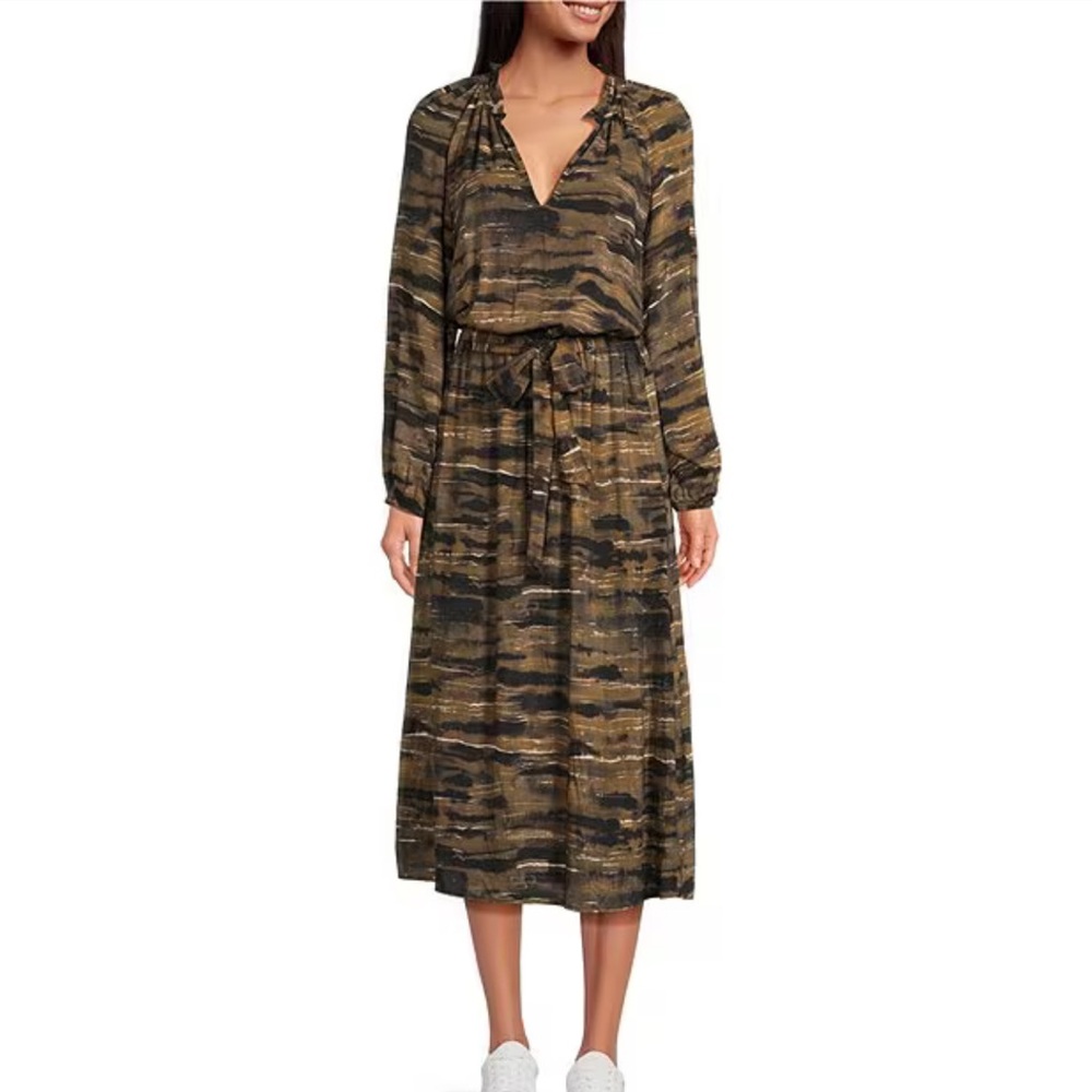 Cloth & Stone Ruffled V-Neck Animal Print Belted Midi Dress NWT size small